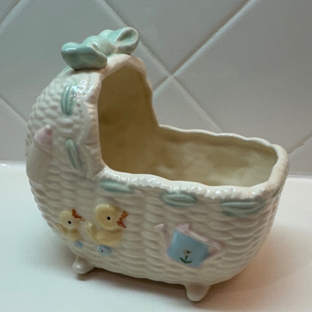 Vintage Ceramic Baby Carriage Planter with Ducklings